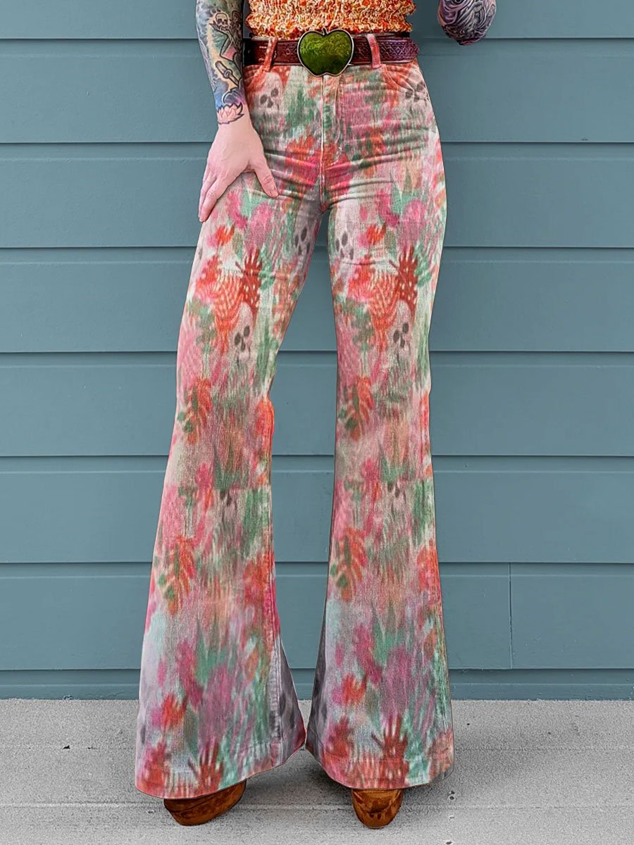Vintage Flowers Print Mid Waist Buttoned Hem Bootcut Jeans Without Belt
