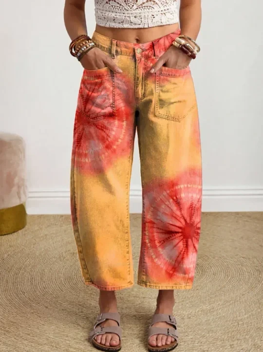 Vintage-style Textured Floral Art Print Casual Cotton Trousers With Pockets