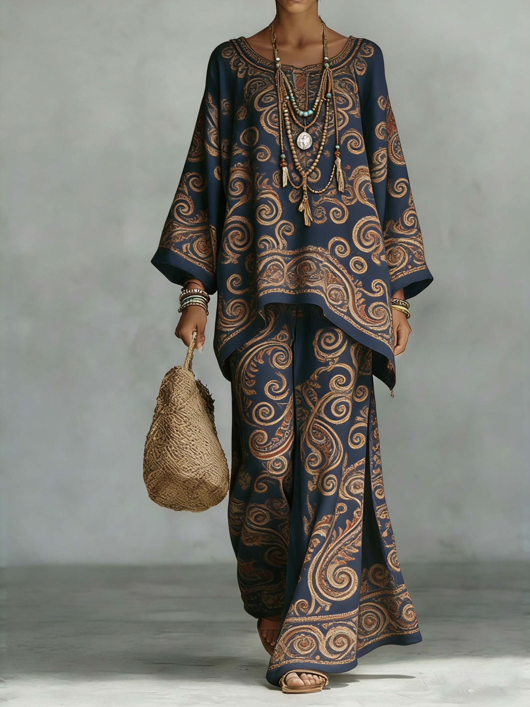 Comfortable & loose print pattern cotton & linen wide-leg pants two-piece set
