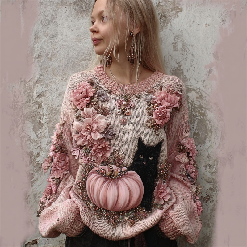 Black Cat & Pink Pumpkin Floral Beaded Cozy Knit Sweater