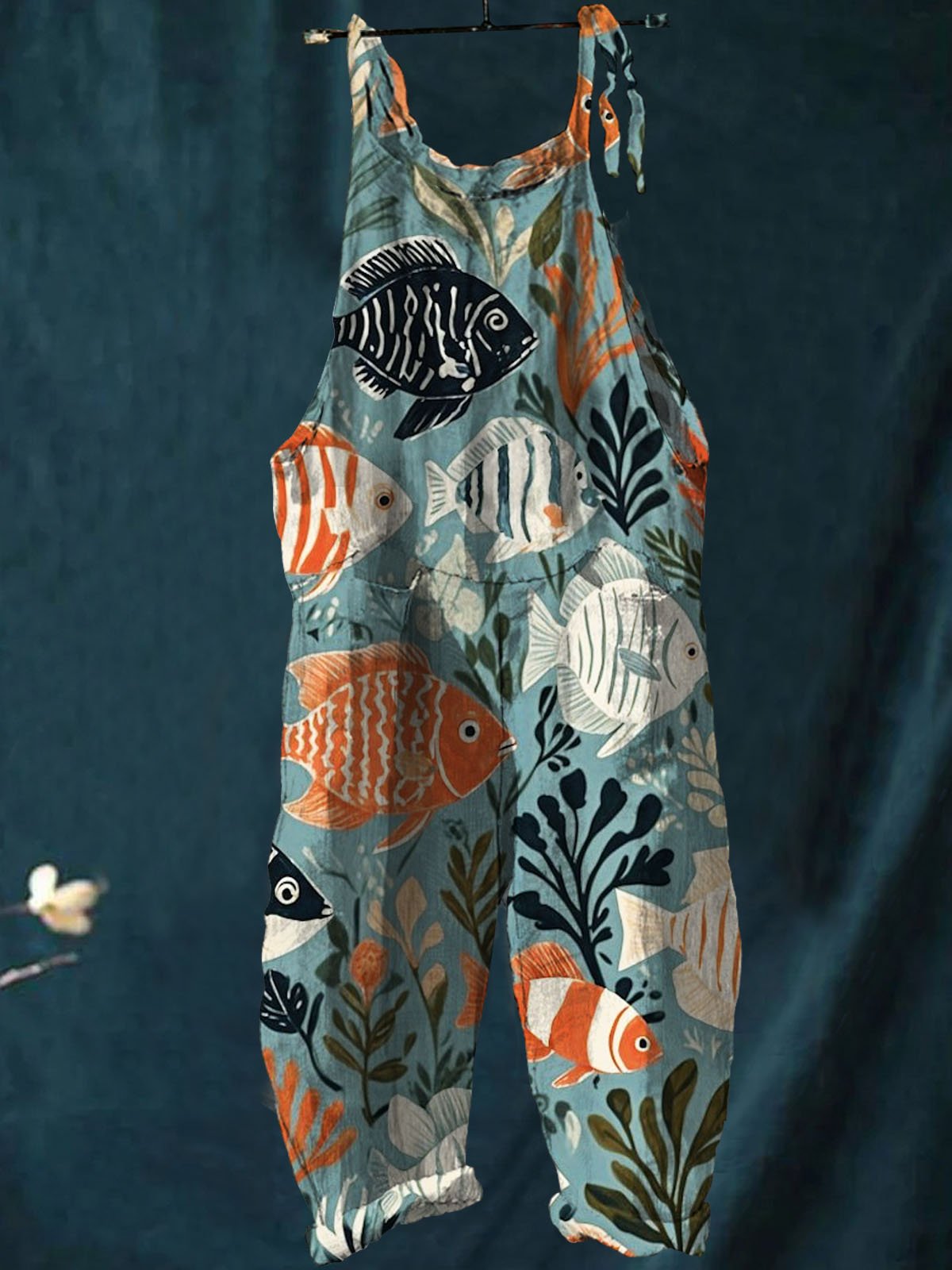 Vintage Lovely Fish Art Print Casual Wide-Leg Jumpsuit