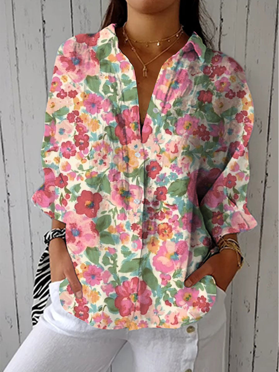 Vintage Art Flower Print Casual Linen V-neck Shirt