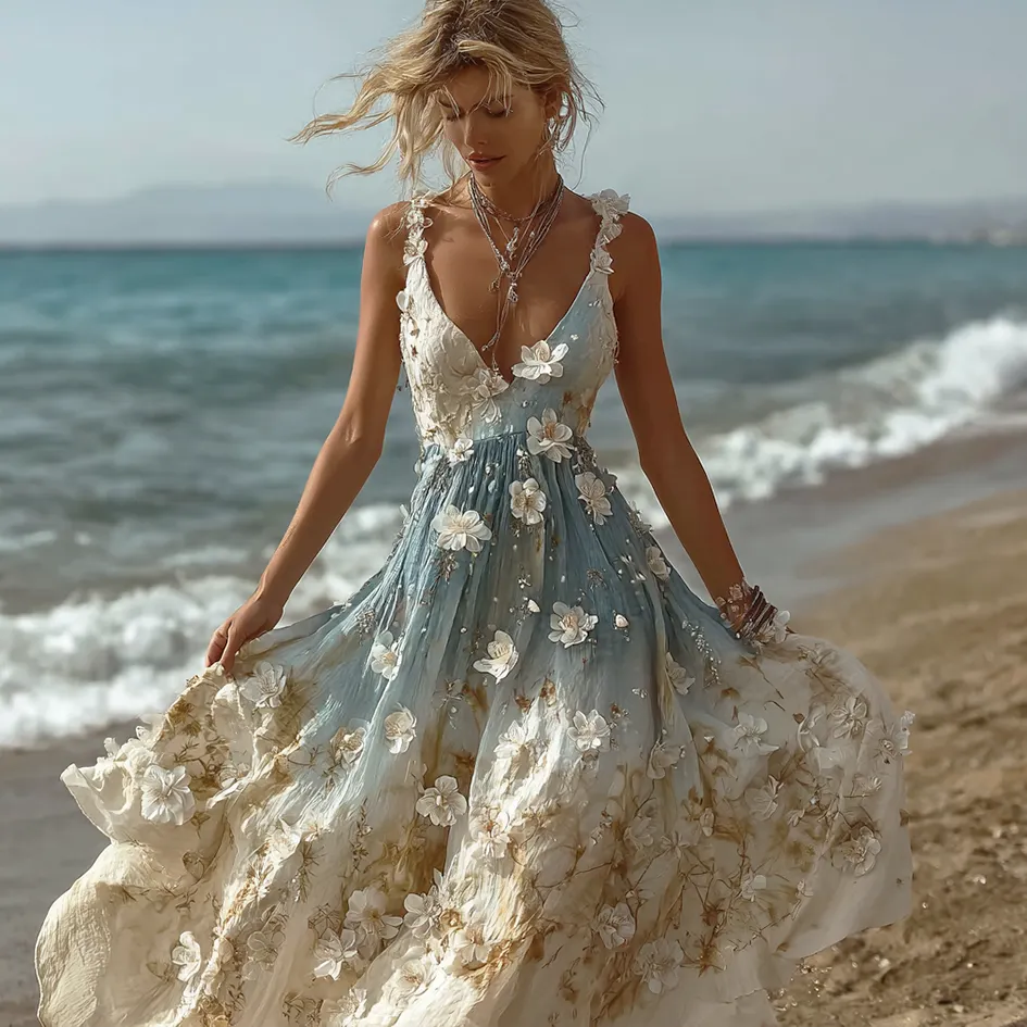 Bohemian Style Plant Flower Gradient Color Long Dress