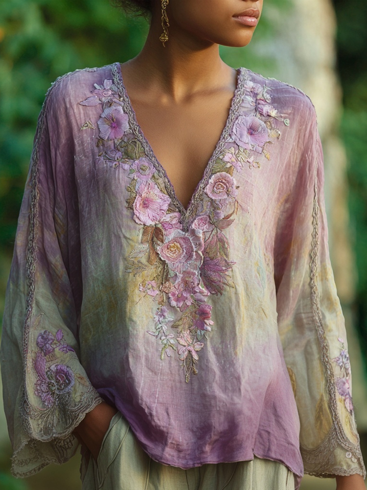 Classy Flowers Embroidered Light Purple Gradient Linen Shirt