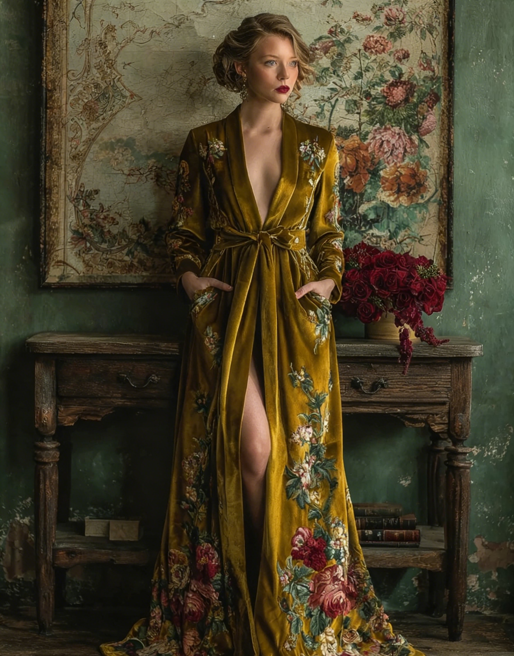 Women's Vintage Gorgeous Slim-Fit Yellow Velvet Robe (belt Included)