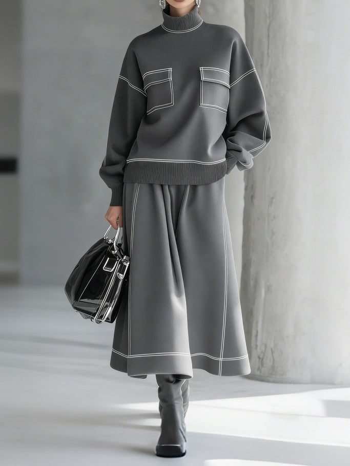 Minimalist Charcoal Gray Sweatshirt And Skirt Two-piece Set