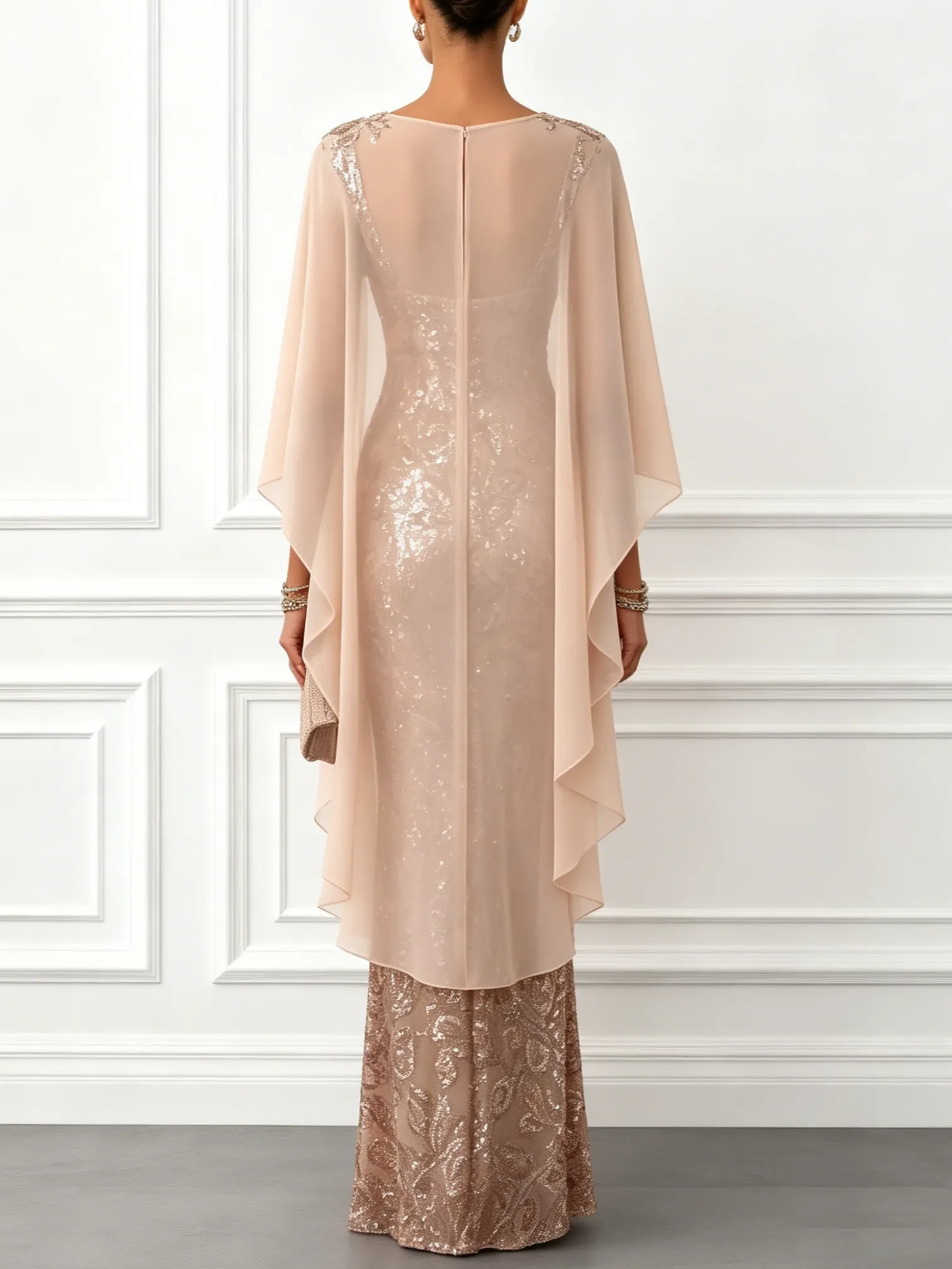 Champagne Glitter Crew Neck Cap Sleeve Sheath Floor-length Gown