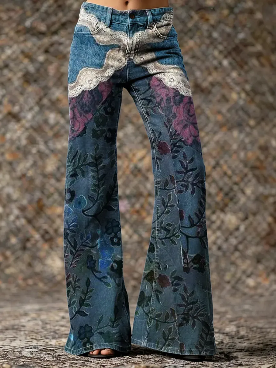 Floral Patchwork Art Print Casual Washed Cotton Pants