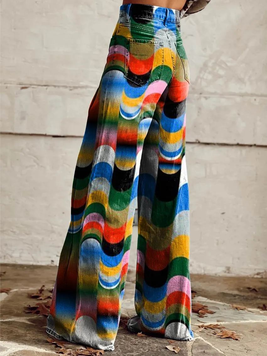 Dazzle Wave Print Casual Wide-Leg Pants
