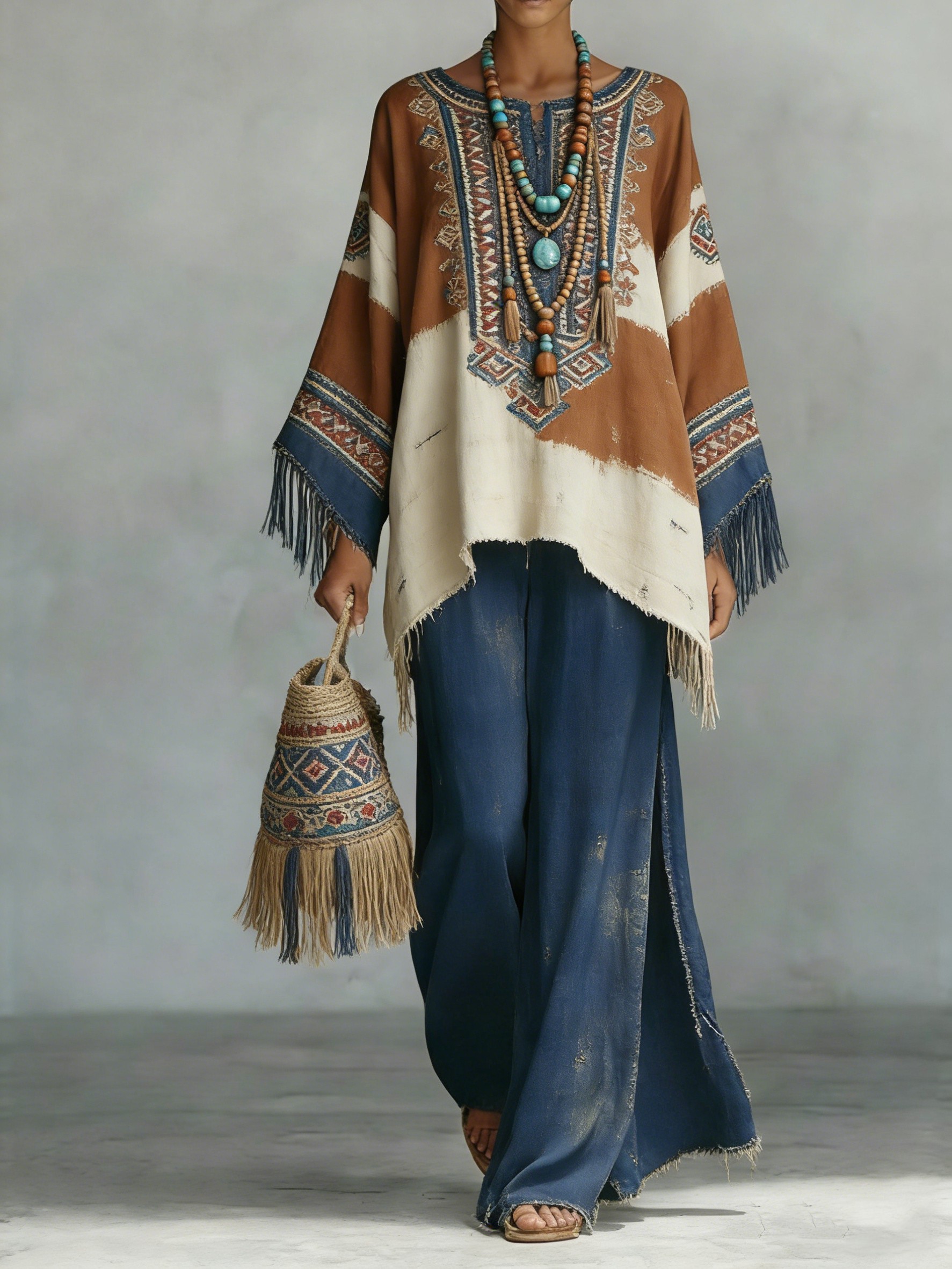 Comfortable & loose print pattern cotton & linen wide-leg pants two-piece set