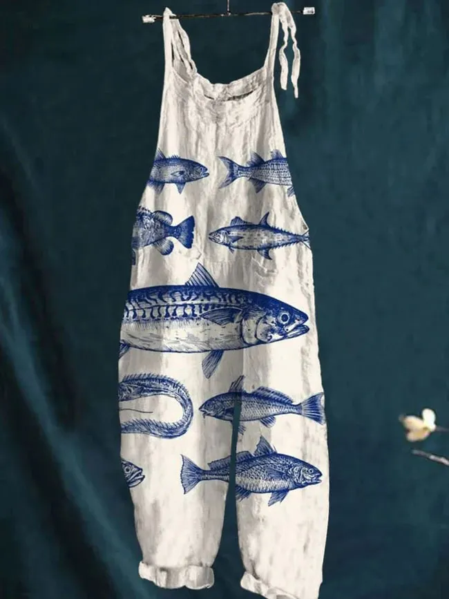 Vintage Lovely Fish Art Print Casual Wide-Leg Jumpsuit