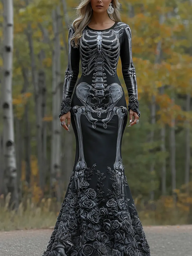 Women's Vintage Halloween Skeleton Bones With Rose Art Cozy Long Sleeve Maxi Dress