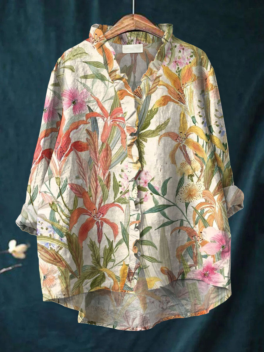 Vintage Flowers Art Print Casual Cotton & Linen Ruffle Shirt