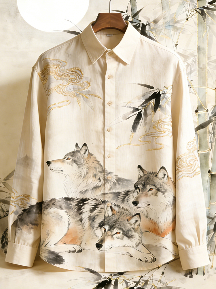 Men's Vintage Wolf With Bamboo Ink Art Painting Art Linen Shirt