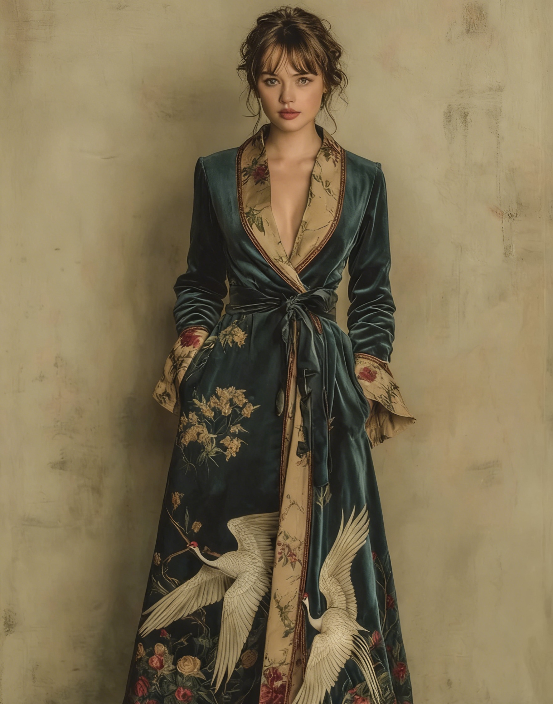 Women's Elegant Vintage Crane Art Print Robe
