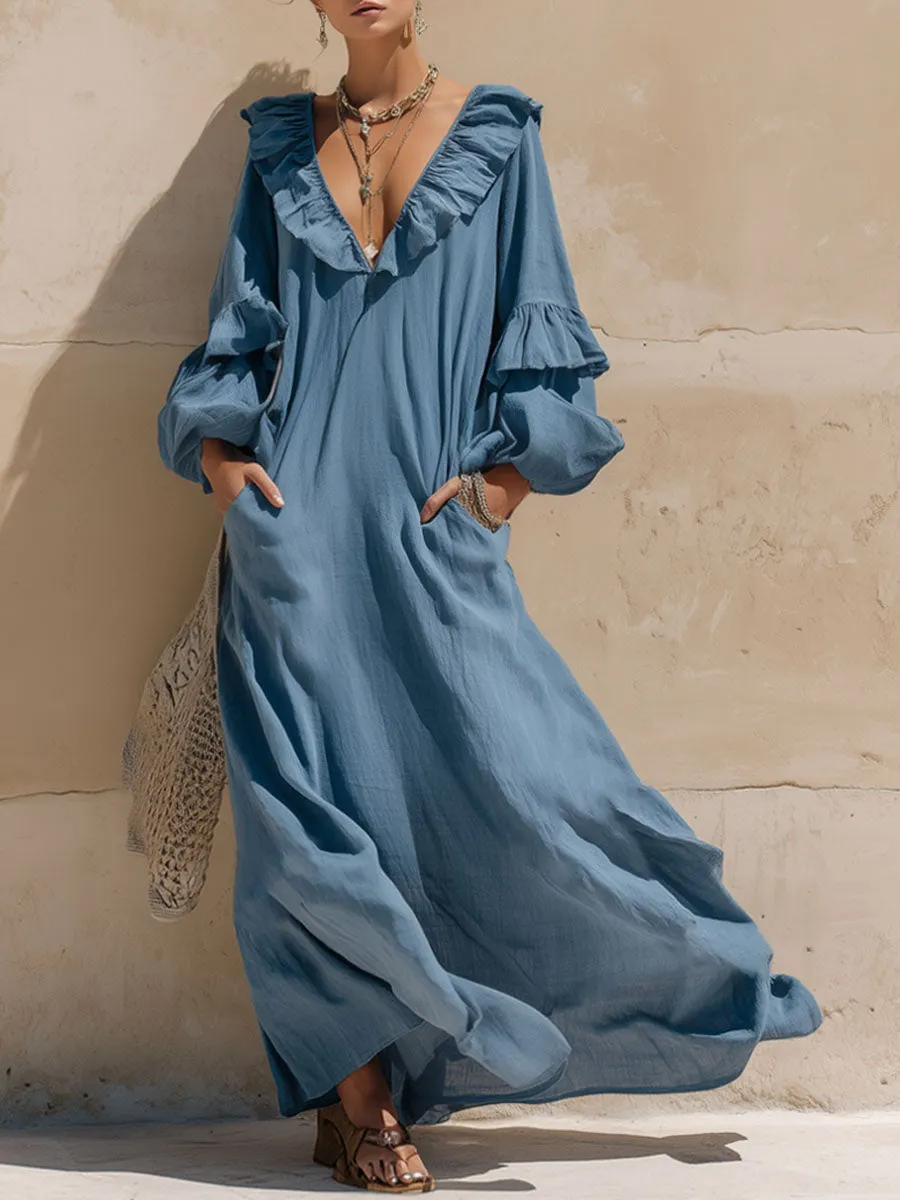 Loose-fitting V-neck Ruffled Double-pocket Cotton & Linen Long-sleeved Maxi Dress