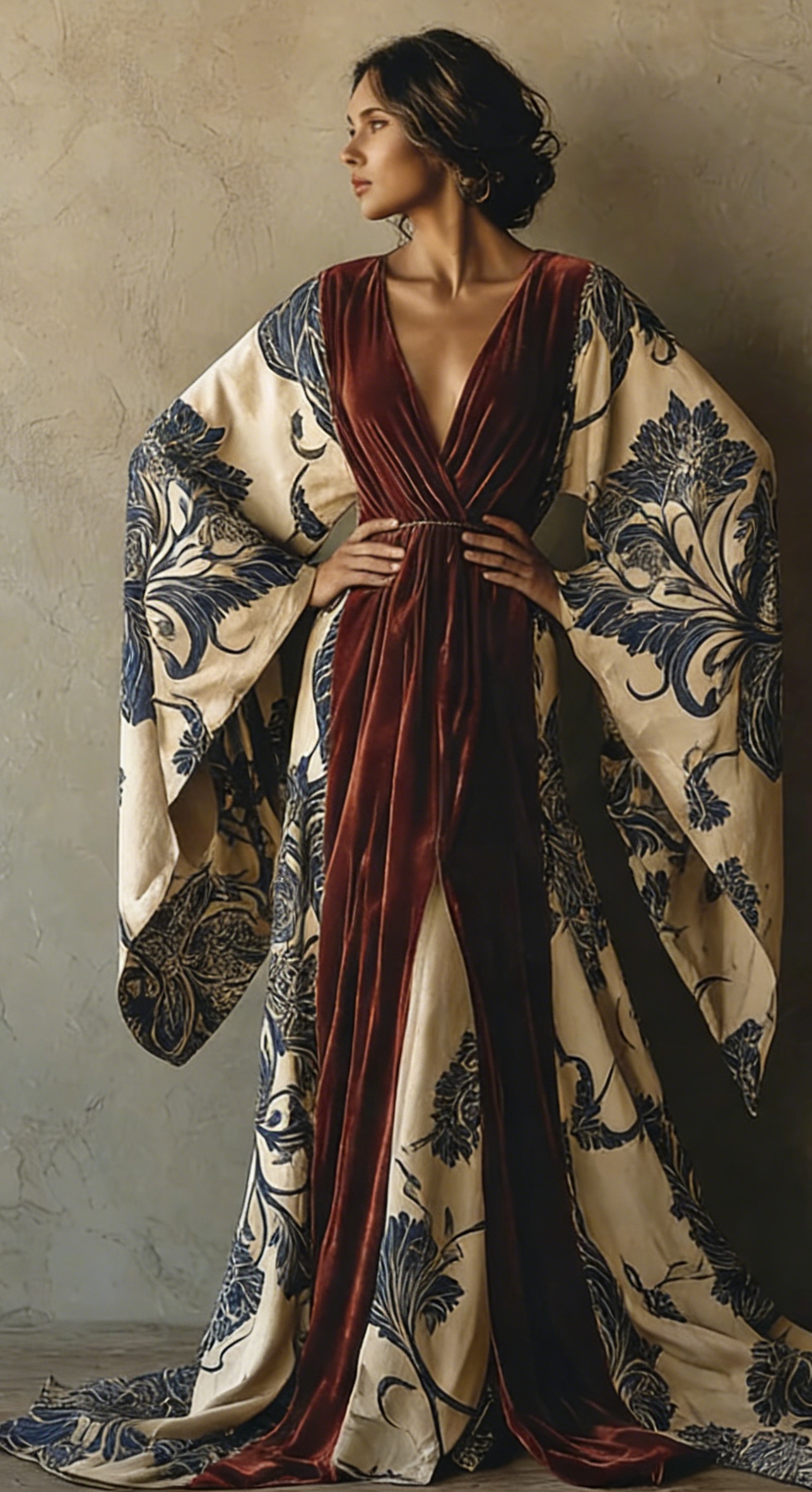 Artistic style women's velvet V-neck robe with belt
