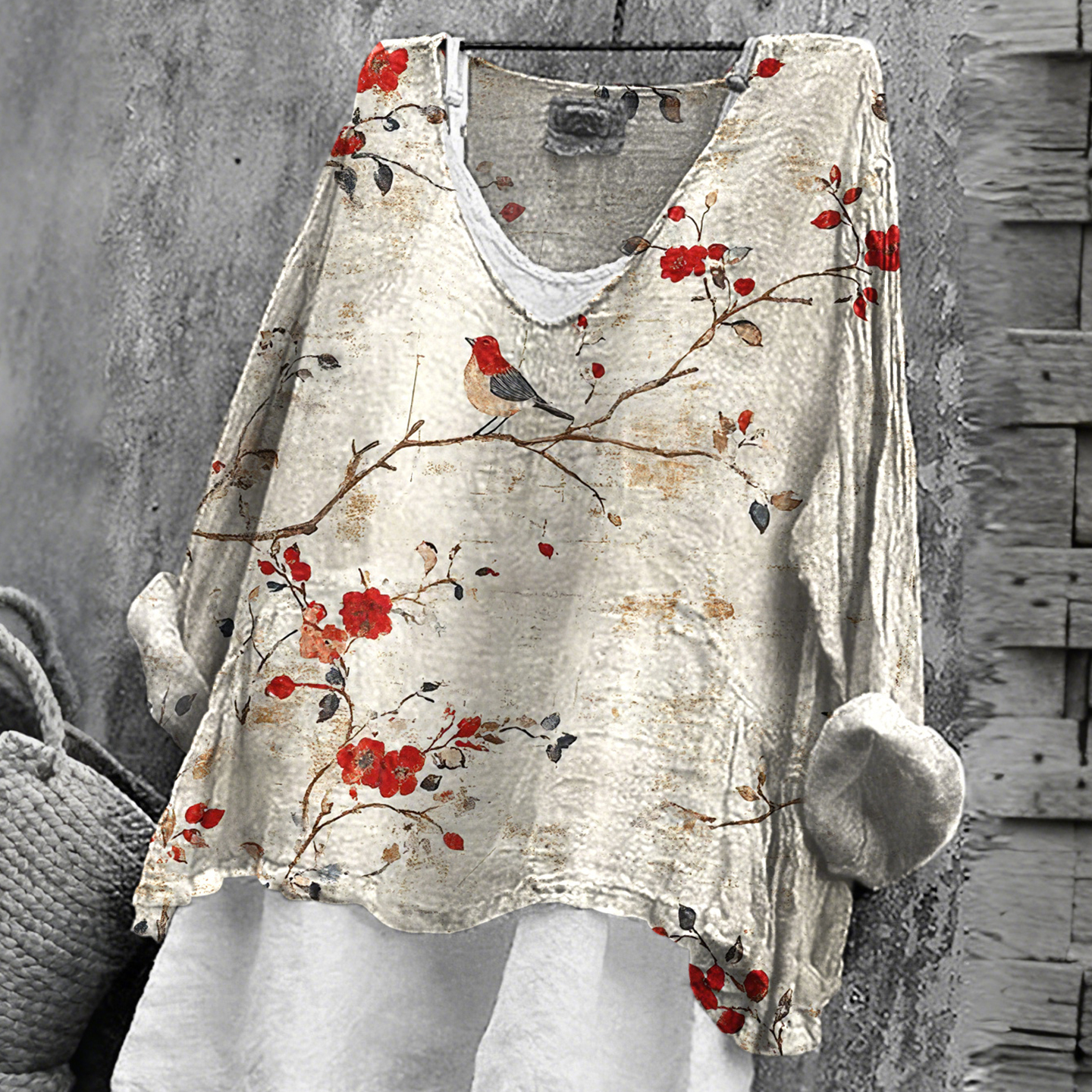 Vintage Floral Art Print V-neck Loose T-shirt