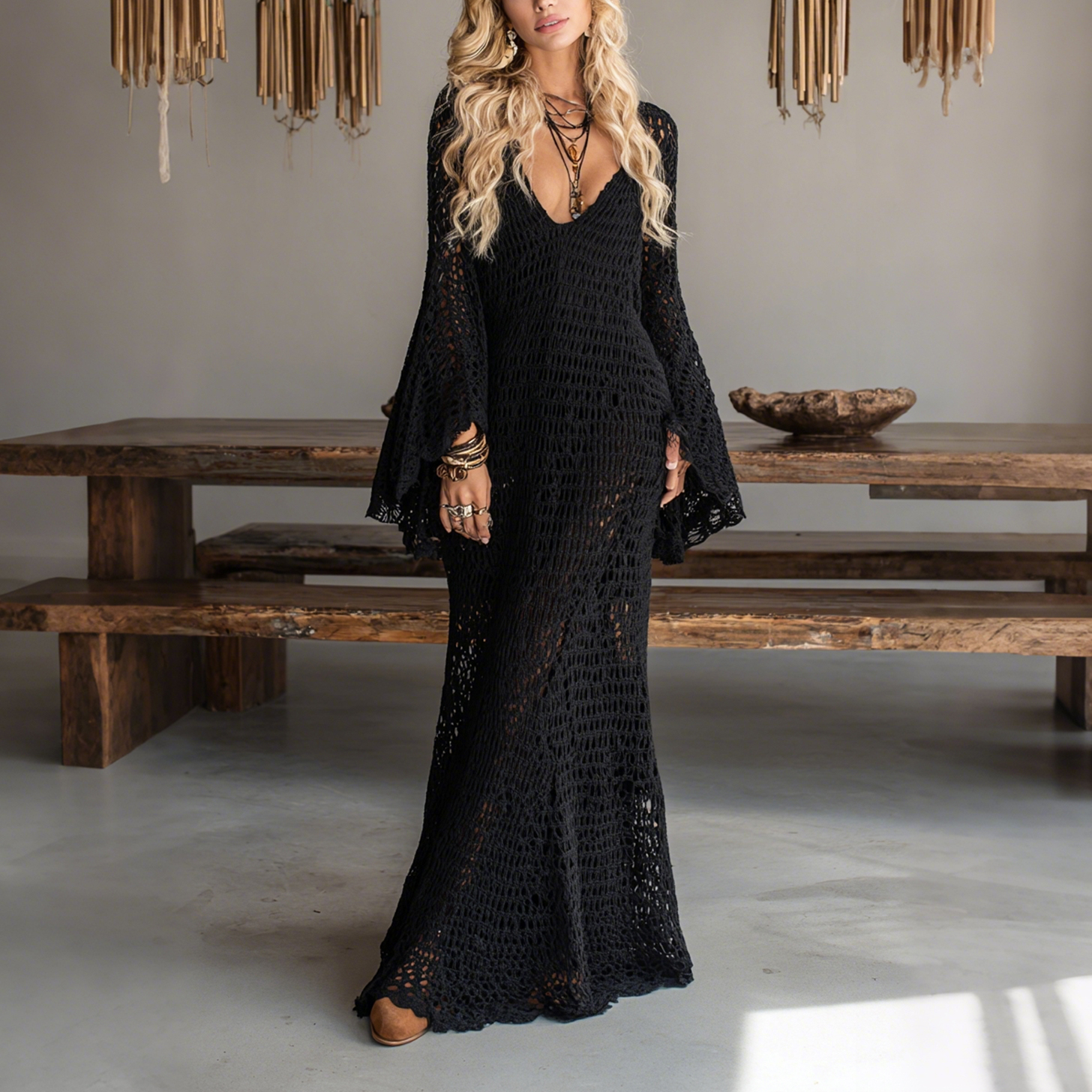 Elegant V-neck Sheer High-waisted Openwork Woven Flared Long-sleeved Oversized Dress
