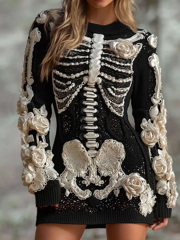 Women's Halloween Skeleton Bones With White Rose Art Hot Sexy Style Cozy Knit Mini Sweater Dress