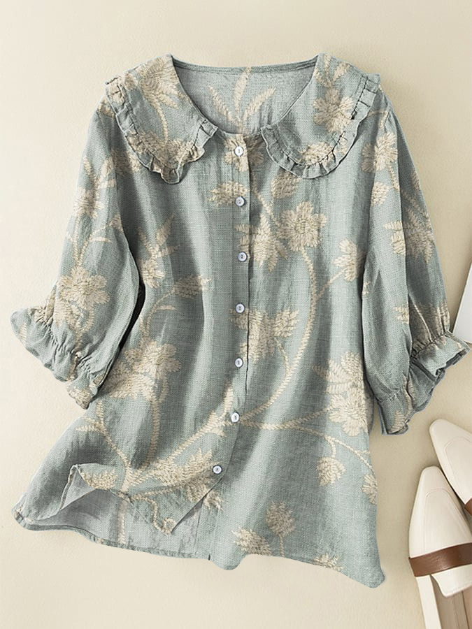 Vintage Floral Cotton & Linen Peter Pan Ruffle Collar Shirt
