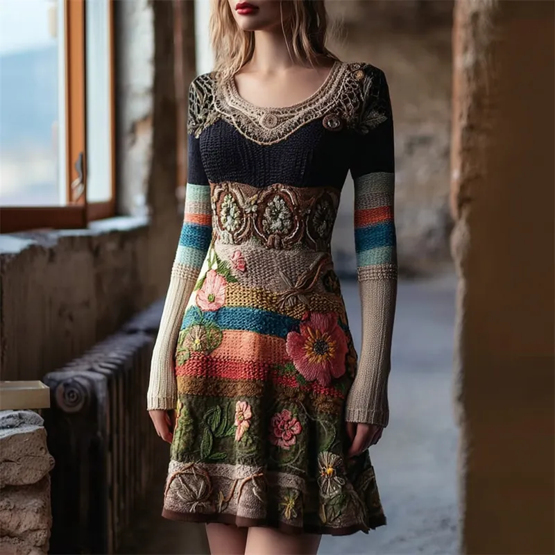 Boho Floral Crochet Colorful Striped Cozy Knit Sweater Dress