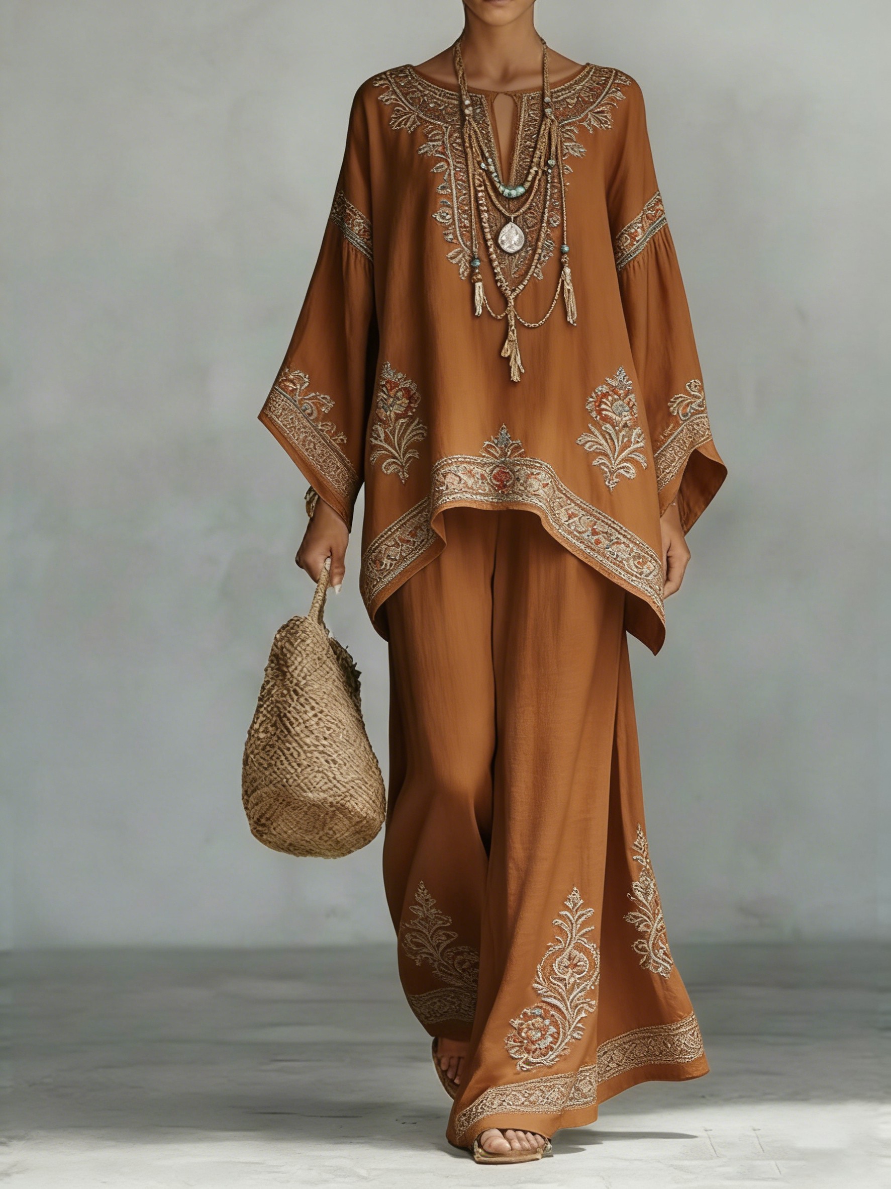 Comfortable & loose print pattern cotton & linen wide-leg pants two-piece set