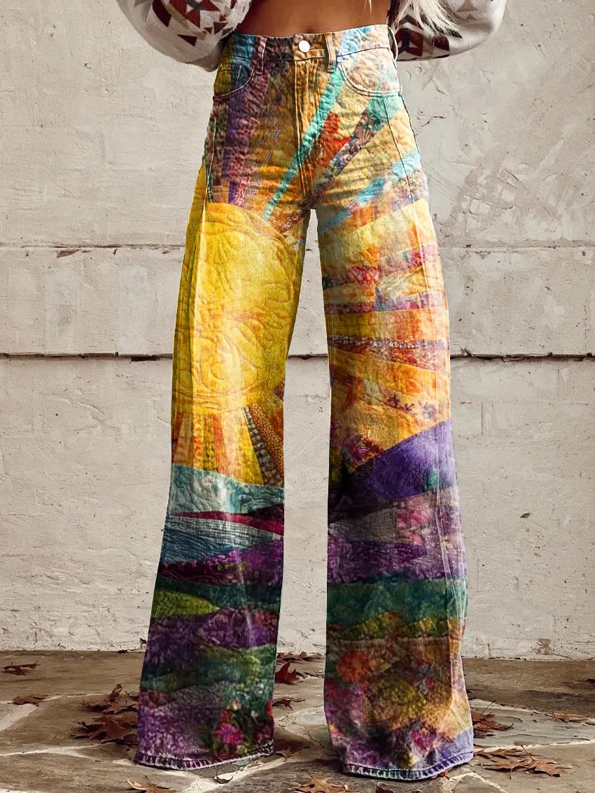 Retro Colorful Sun Print Casual Wide-Leg Pants