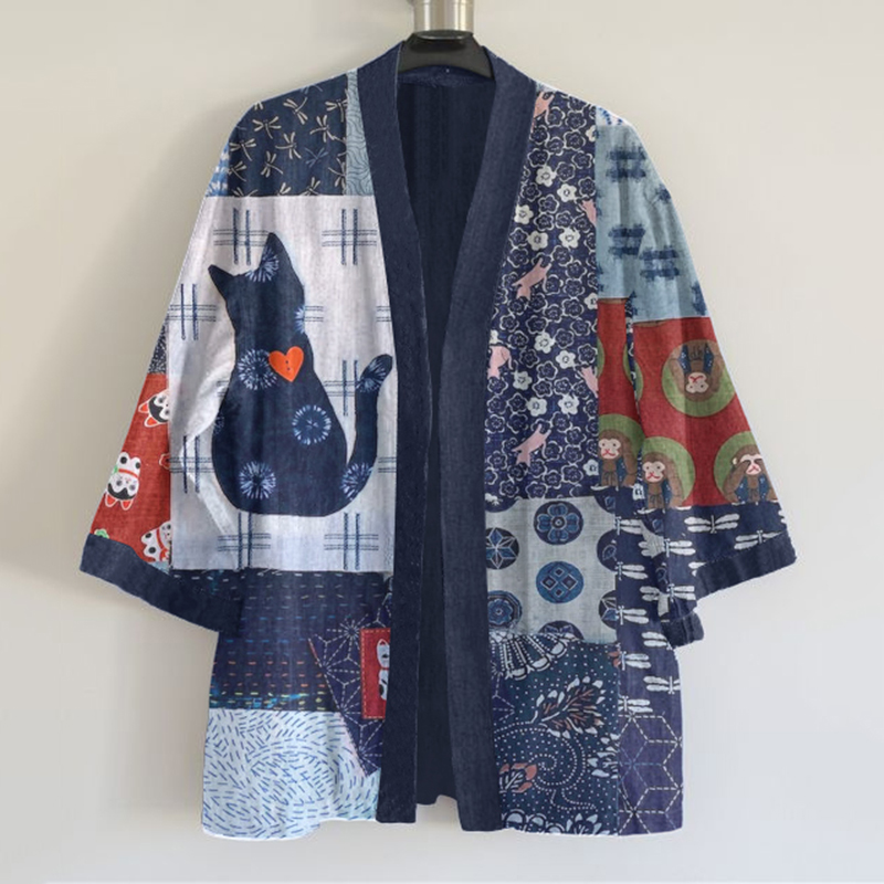 Japanese Traditional Sashiko In Cat Patchwork Art Pattern Art Print Blend Kimono Cardigan