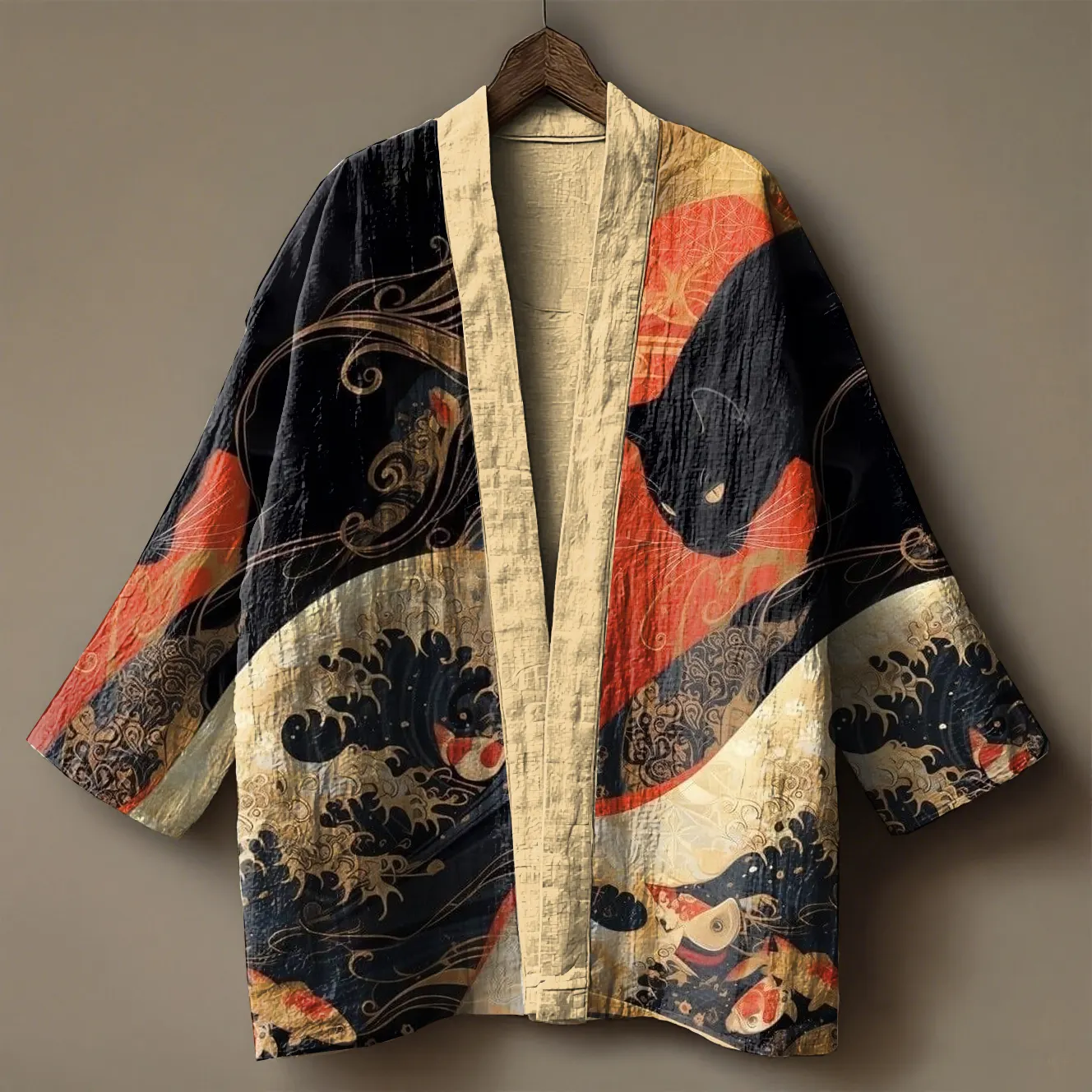 Japanese black cat embroidered printed linen kimono cardigan