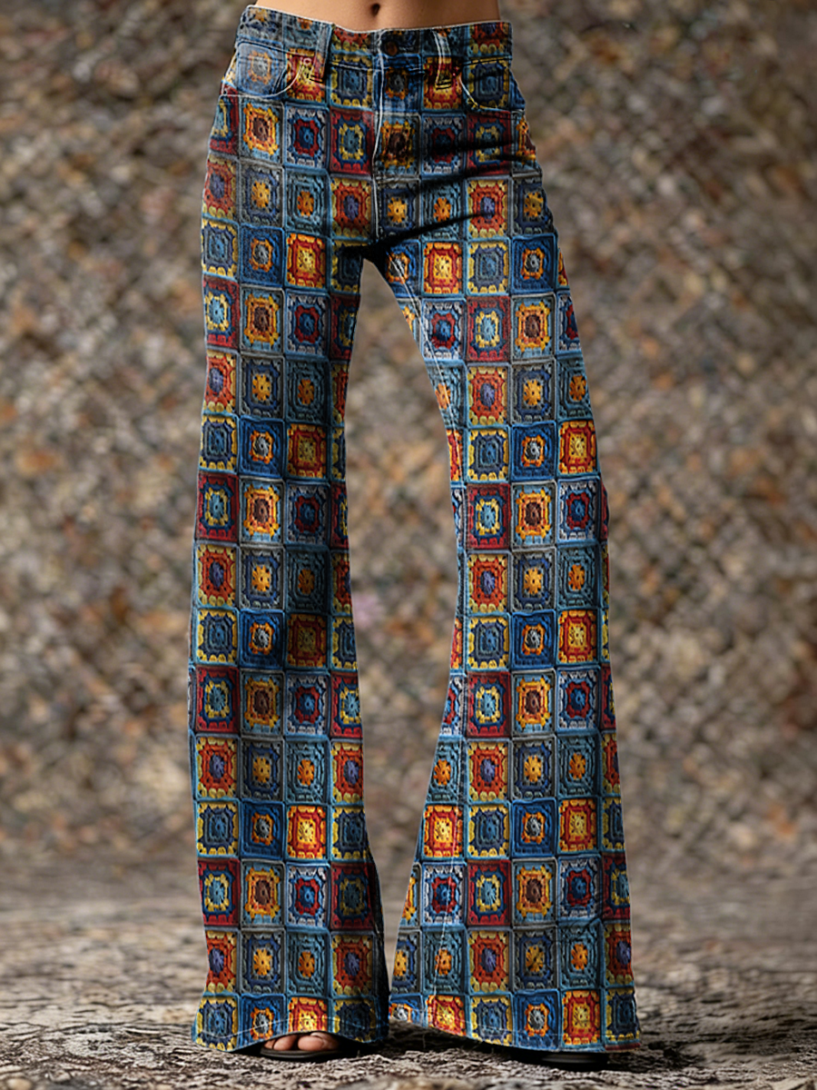 Retro Plaid Art Print Casual Washed Cotton Pants