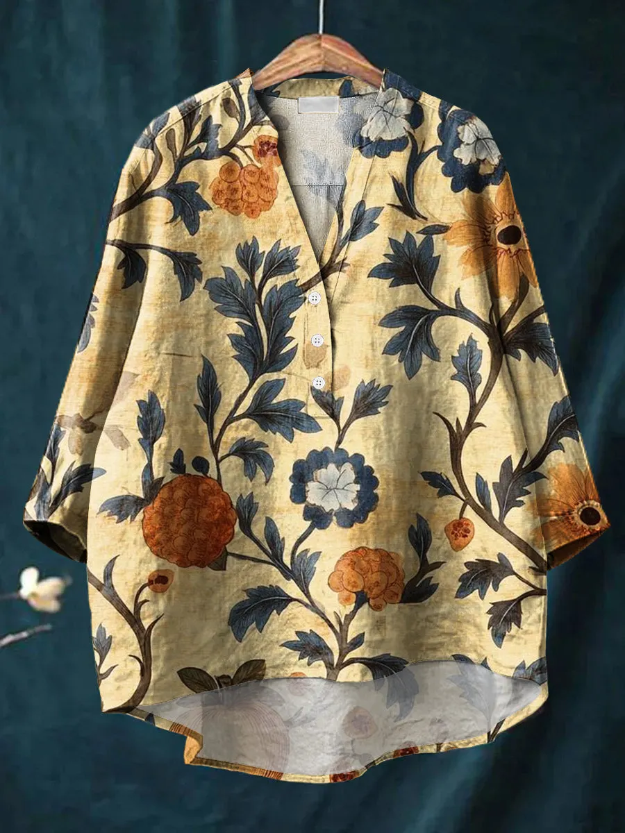 Beautiful Vintage Floral Painting Art Print Casual Cotton & Linen Ruffle Shirt