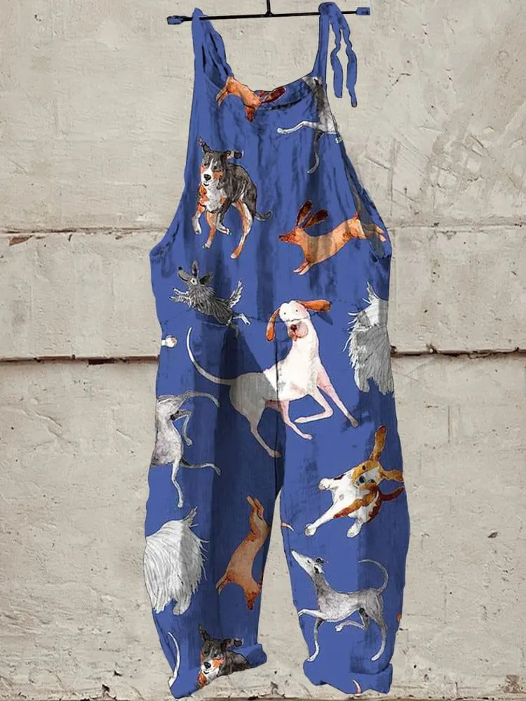 Vintage Lovely Dogs Art Print Casual Wide-Leg Jumpsuit