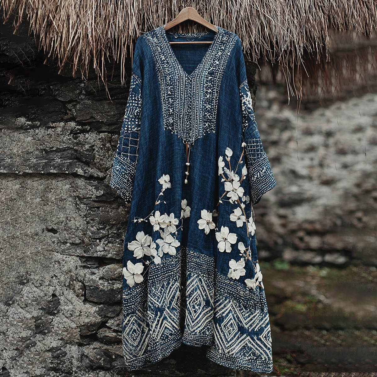 Traditional Japanese Sashiko Art V-neck Dress