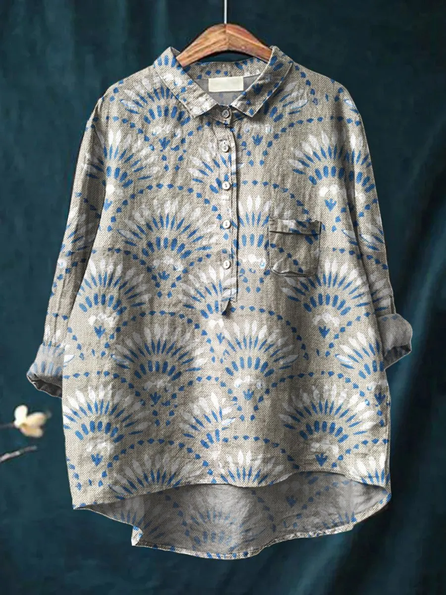 Floral Art Print Casual Cotton & Linen Shirt
