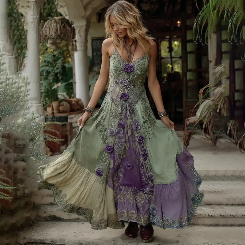 Vintage Classy Gradient Purple Lavender And Floral Embroidered Suspender Long Dress