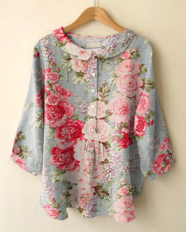Vintage Long Sleeve Peter Pan Collar Floral Print Shirt
