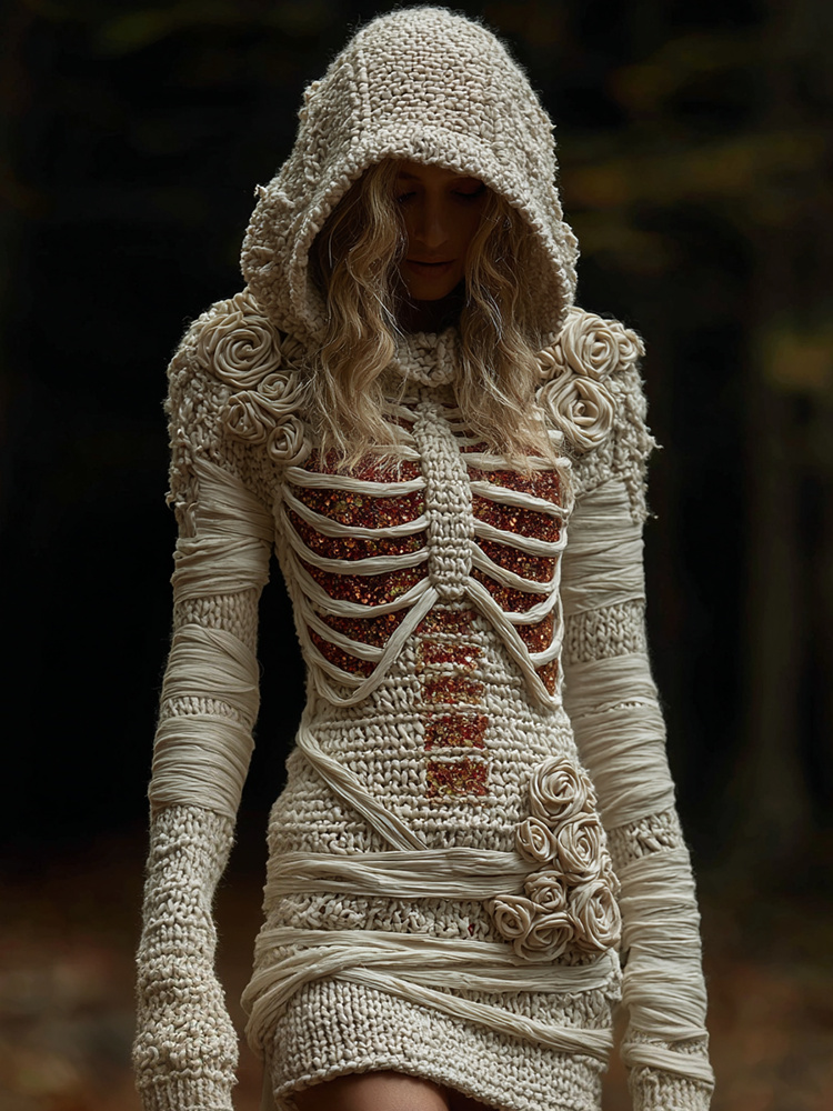 Women's Halloween Anatomy Bandage Rose Art Cozy Knit Hooded Sweater Dress