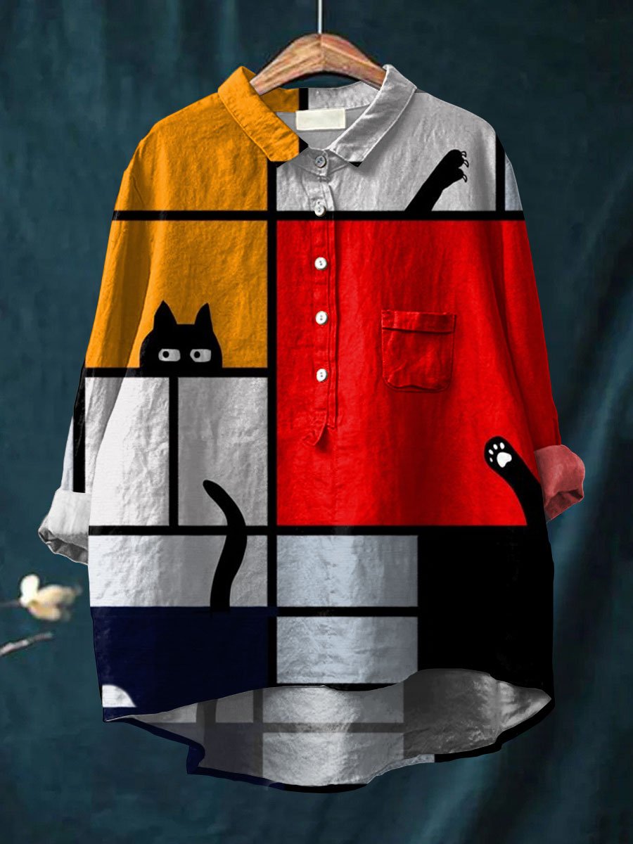 Abstrct Cat Art Print Casual Cotton & Linen Shirt