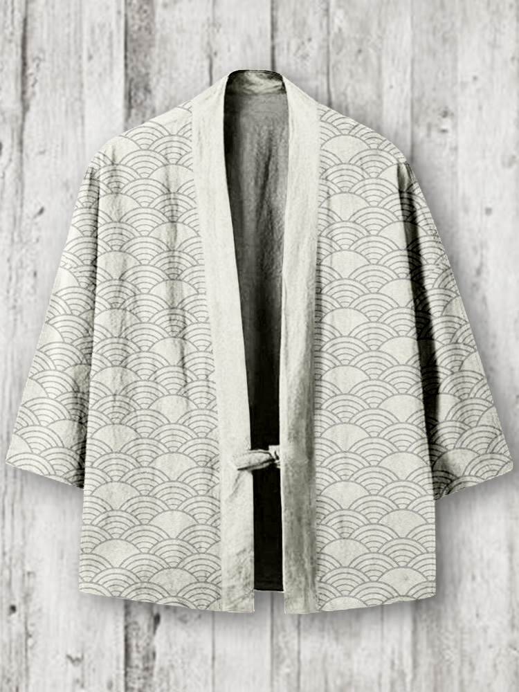 Traditional Japanese Waves Pattern Linen Blend Kimono Cardigan