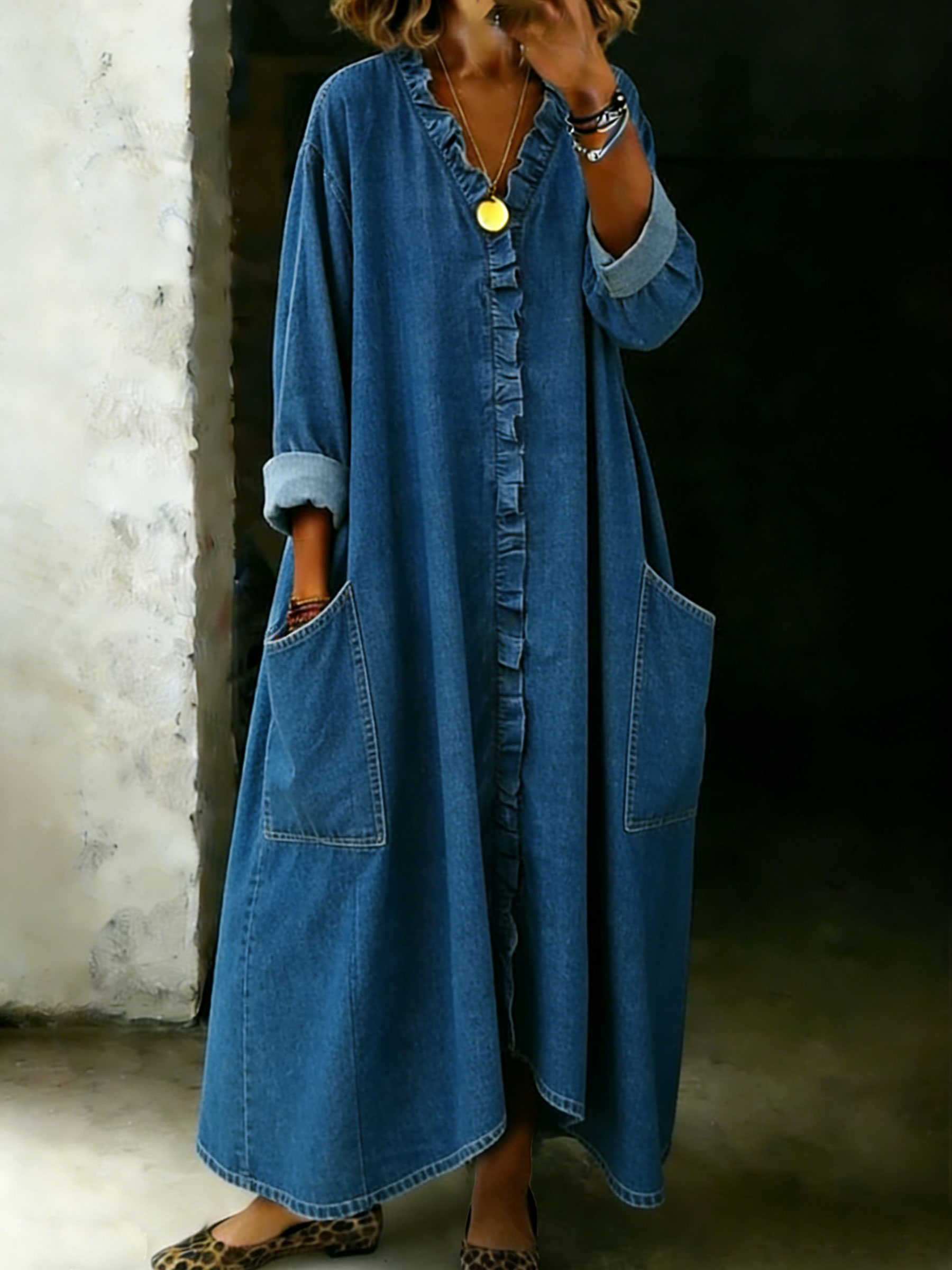 Long-Sleeve Casual Loose Denim Dress