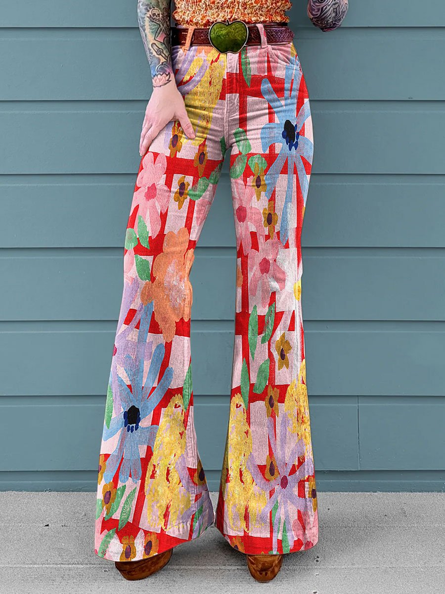 Vintage Flowers Print Mid Waist Buttoned Hem Bootcut Jeans Without Belt