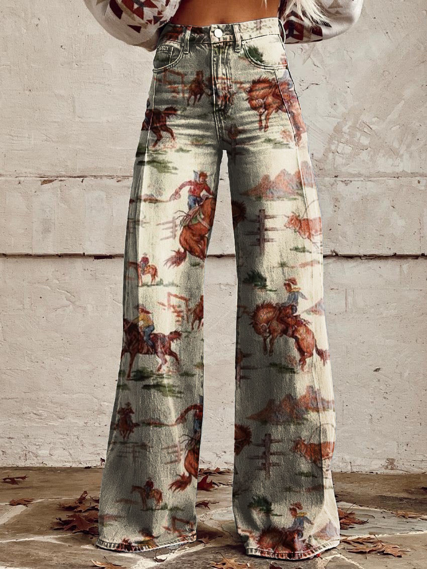 Cowgirl Horse Print Casual Wide-Leg Pants