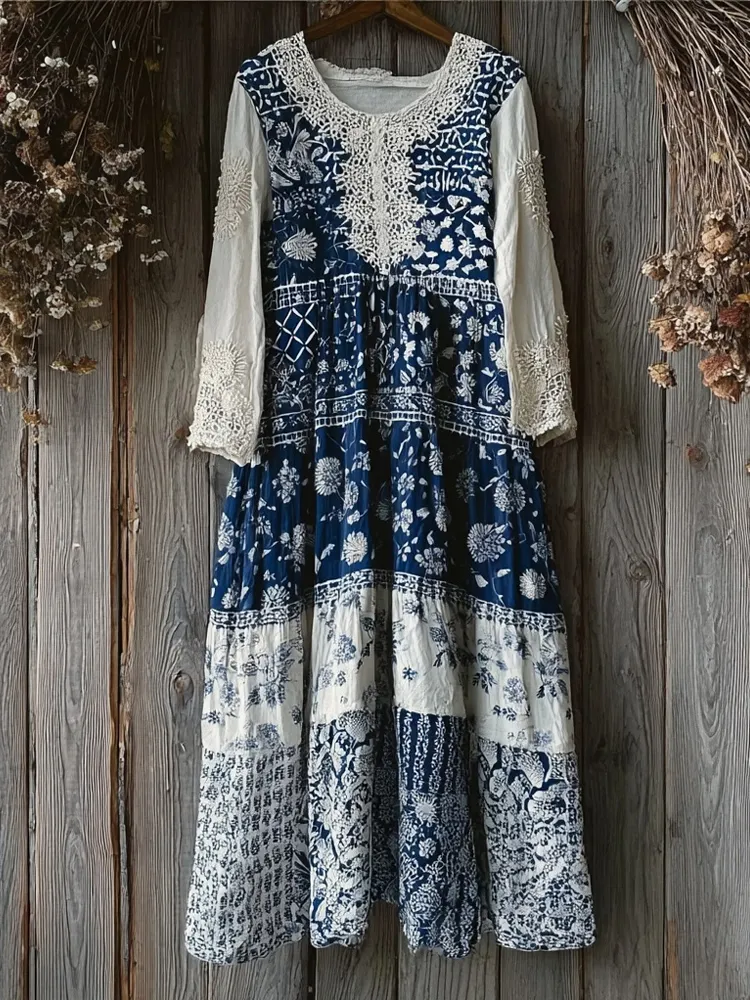 Vintage Japanese Inspired Lace Patchwork Maxi Dress