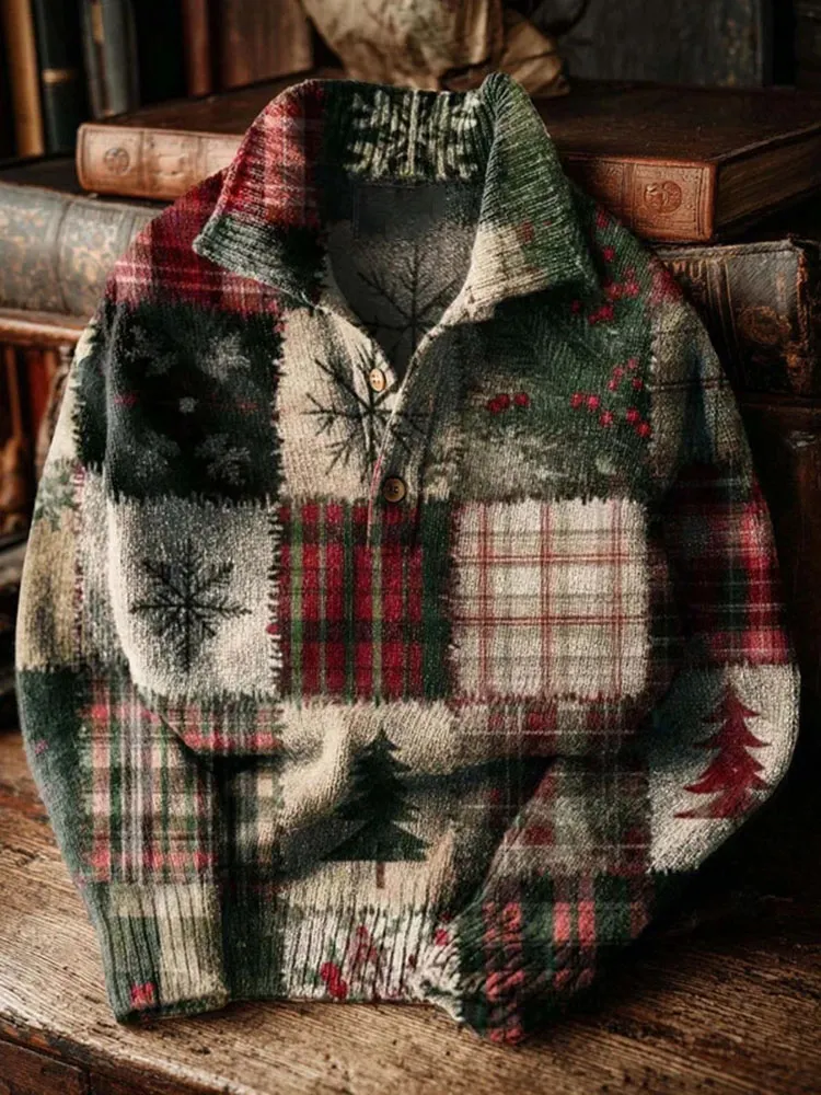 Men's Christmas Tree Holly Geometric Print Button Sweater