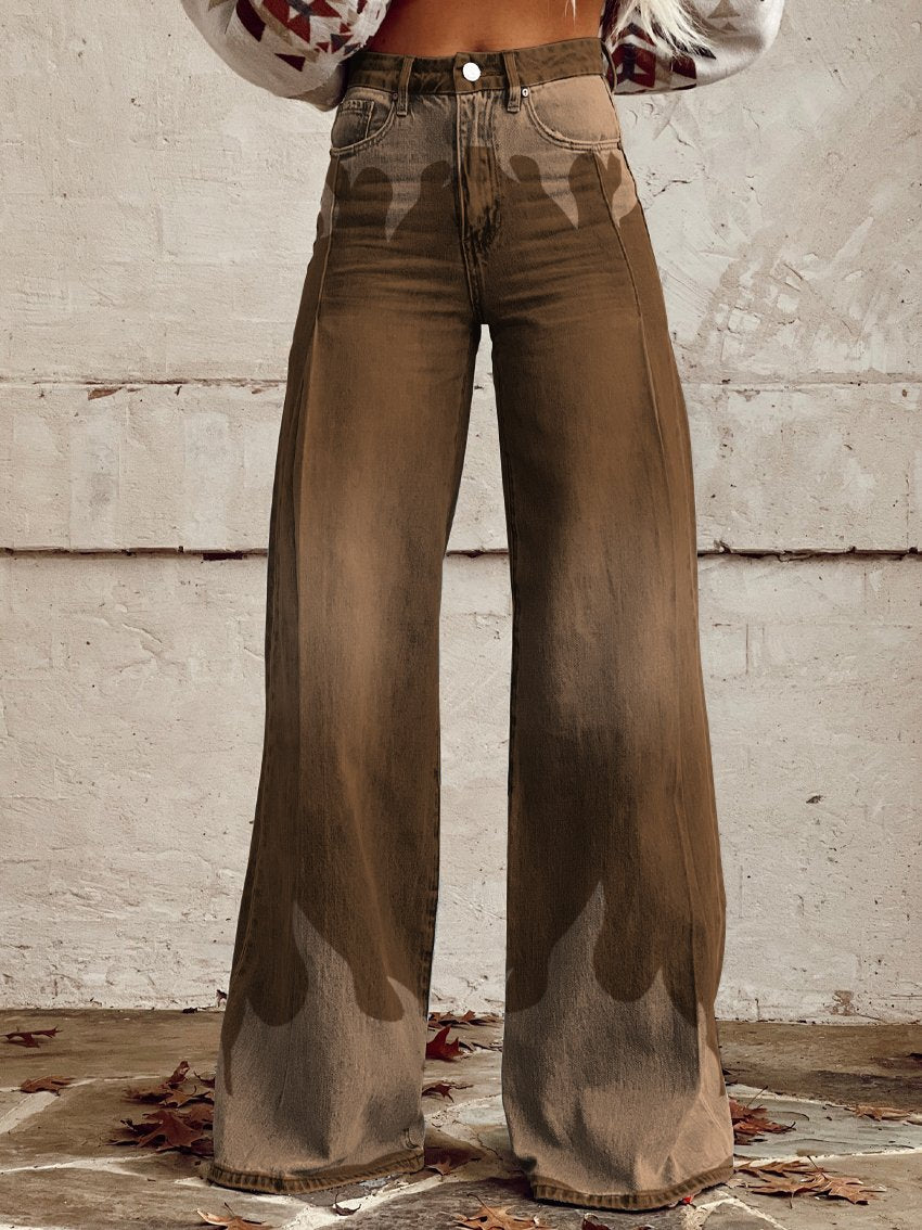 Retro Brown Aged Flame Texture Print Casual Wide-Leg Pants