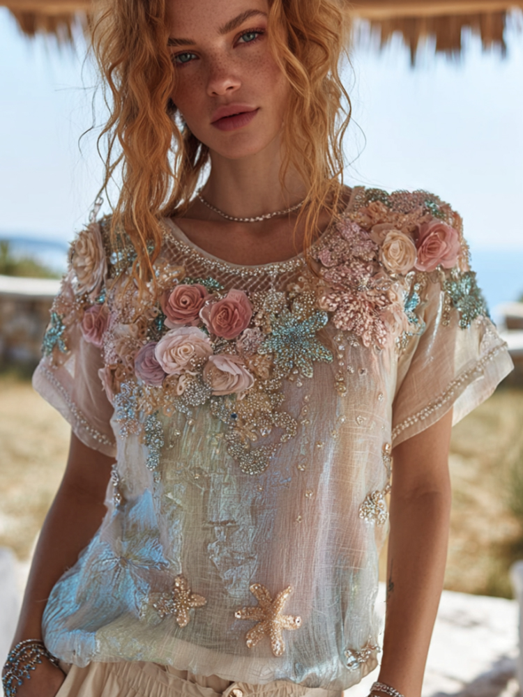 Bohemian Marine Elements With Floral Lightweight Round Neck Short Sleeves