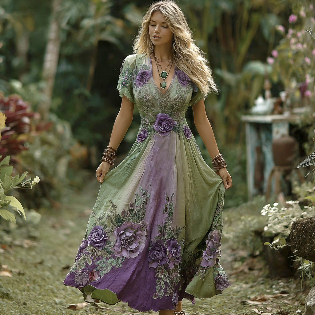 Vintage Gradient Purple Floral Embroidered Short Sleeve Maxi Dress