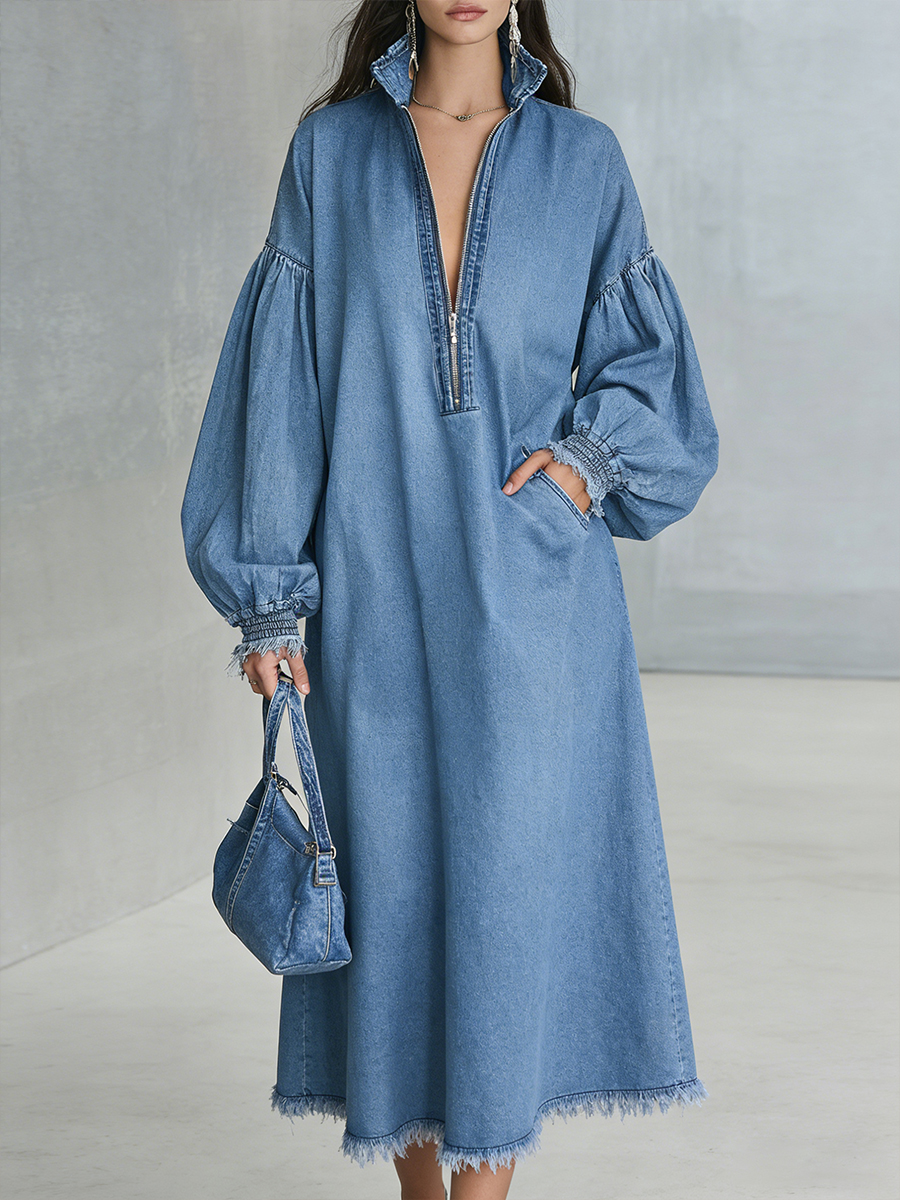 Casual Loose-fitting Denim Dress With Zipper