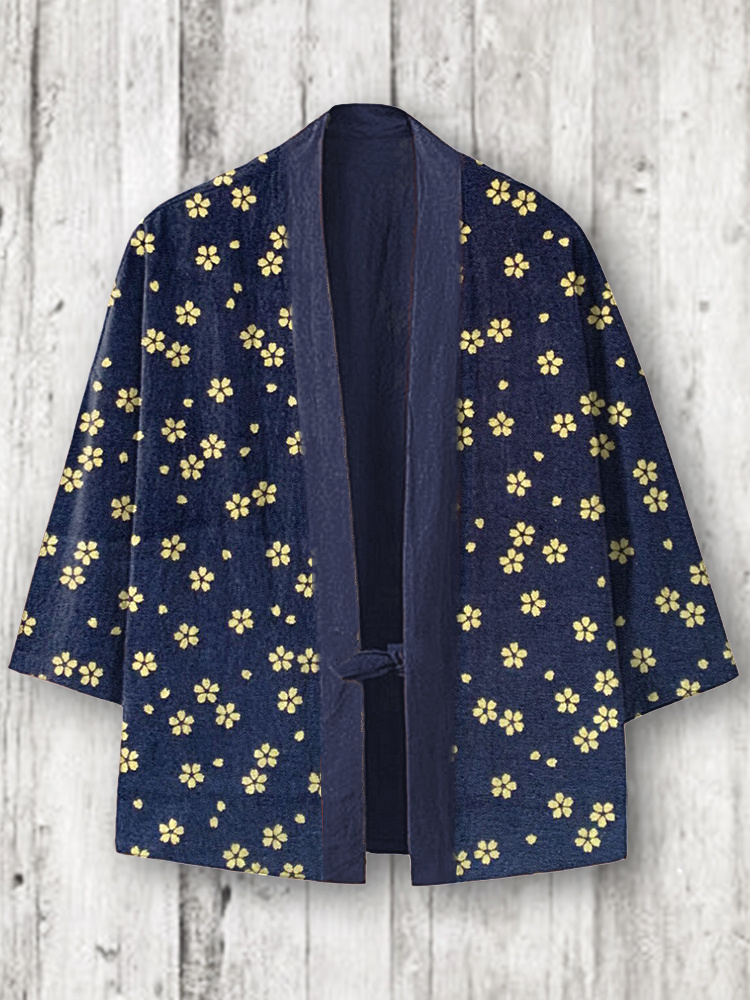Japanese Art Cherry Blossoms Print Linen Blend Kimono Cardigan